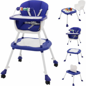 5 in 1 baby high chair, high chairs with table/tray/wheels, comfort child chair with harness blue