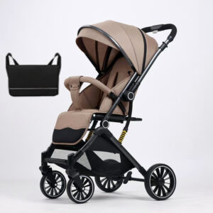 Two-way high-view baby stroller, newborn baby stroller, can sit or lie down, one-click folding Khaki +Backpack