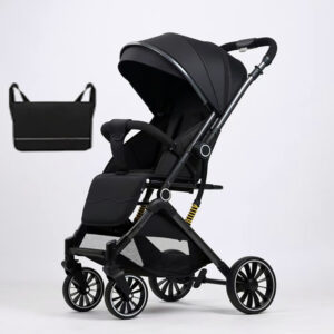 Two-way high-view baby stroller, newborn baby stroller, can sit or lie down, one-click folding Black +Backpack