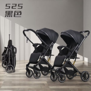 Two-way high-view baby stroller, newborn baby stroller, can sit or lie down, one-click folding Black