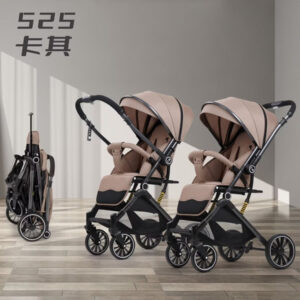 Two-way high-view baby stroller, newborn baby stroller, can sit or lie down, one-click folding Khaki